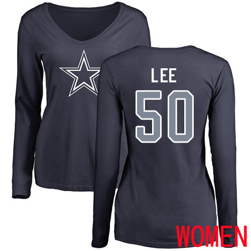 Women Dallas Cowboys Navy Blue Sean Lee Name and Number Logo Slim Fit 50 Long Sleeve Nike NFL T Shirt